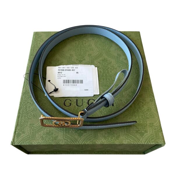GUCCI Women's Thin Belt w/ Interlocking G Buckle Light Blue Leather SZ 95cm NEW - Picture 9 of 16